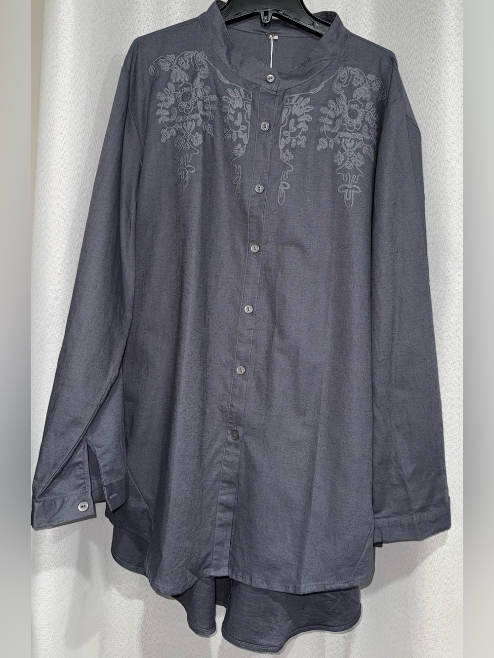 NWT Minibee Cotton Linen Embroidered High Low Tunic Blouse XL Charcoal Grey